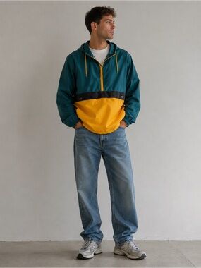 Blackjack 1999 USA Colorblock Windbreaker Anorak - Teal/Yellow/Black - Size M‎